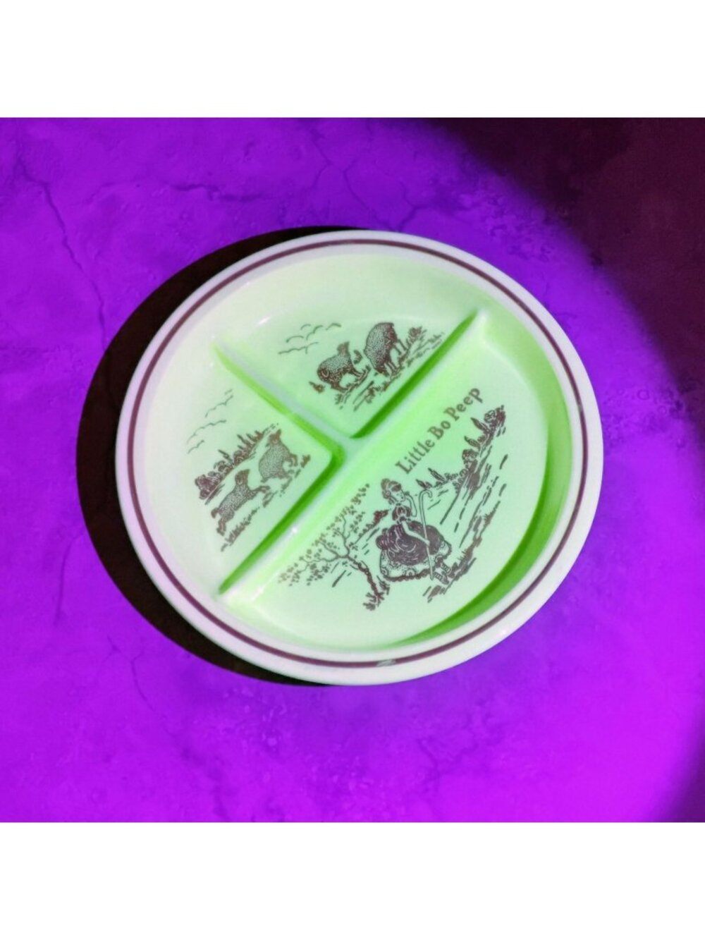 Vintage Little Bo Peep Plate, GLOWS, Fire King Divided Child Dish Red Nursery Rh